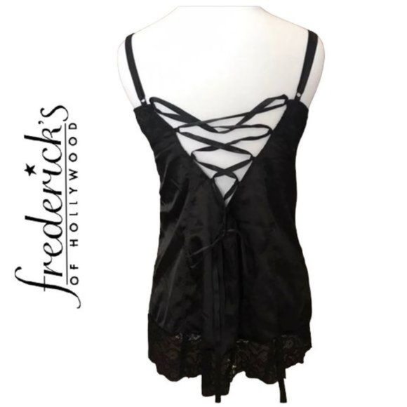 FREDERICK'S OF HOLLYWOOD Black Sexy Lace Chemises Slip Lace-Up Back sz M - Picture 2 of 6